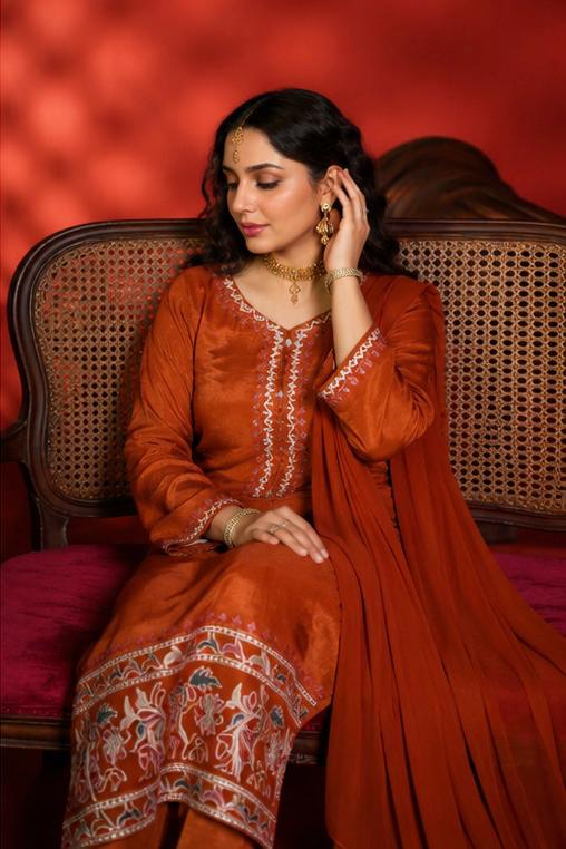 Woman in traditional red outfit sitting on a wooden chair against a red background