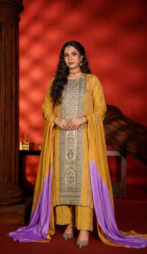Woman in a yellow and purple traditional outfit against a red background