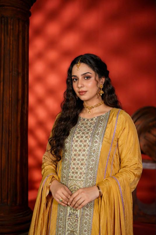 Woman in traditional attire with a red background